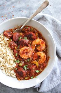 Spicy Sausage and Shrimp Creole - Thick, spicy tomato-y sauce studded with crunchy celery and spicy andoullie sausage and tender shrimp. This recipe is EASY to make, only takes 40 minutes and serves 8 to 10 people. Perfect for meal prepping. This is one of my FAVE recipes!!! Gluten Free/Dairy Free | robustrecipes.com