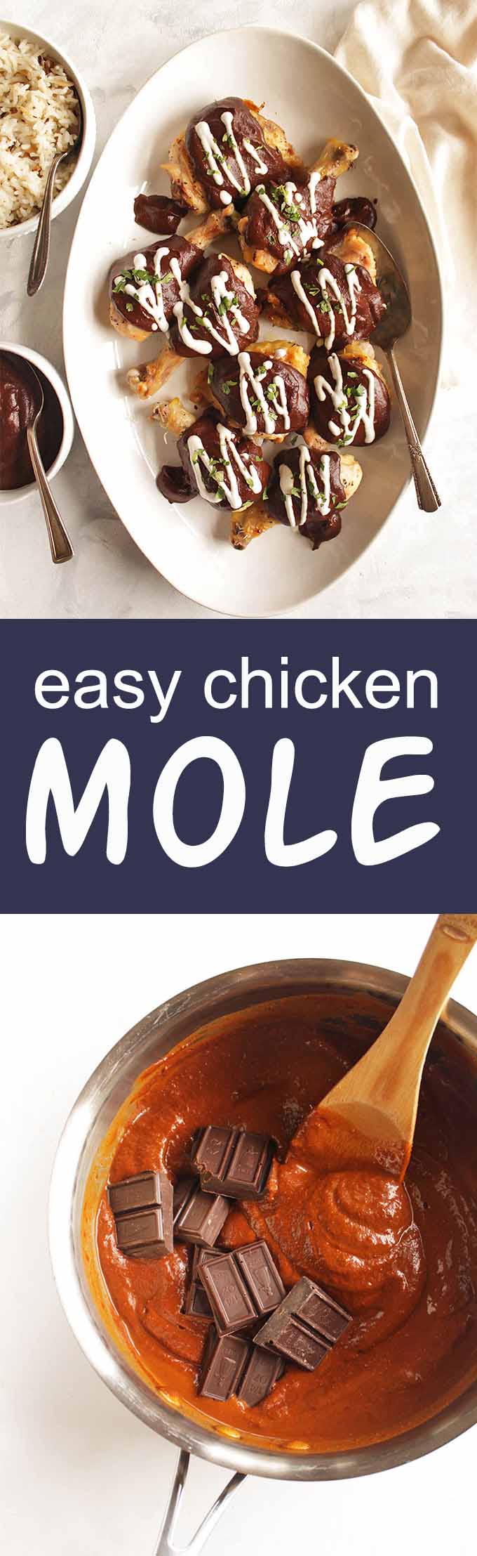 Easy Chicken Mole - a modern twist on a traditional Mexican recipe. Only takes 40 minutes to make! The sauce is savory and sweet, with a hint of spice and smokiness, serve it over some roasted chicken and rice. This recipe is great for feeding a large crowd and it freezes nicely. Gluten Free | robustrecipes.com