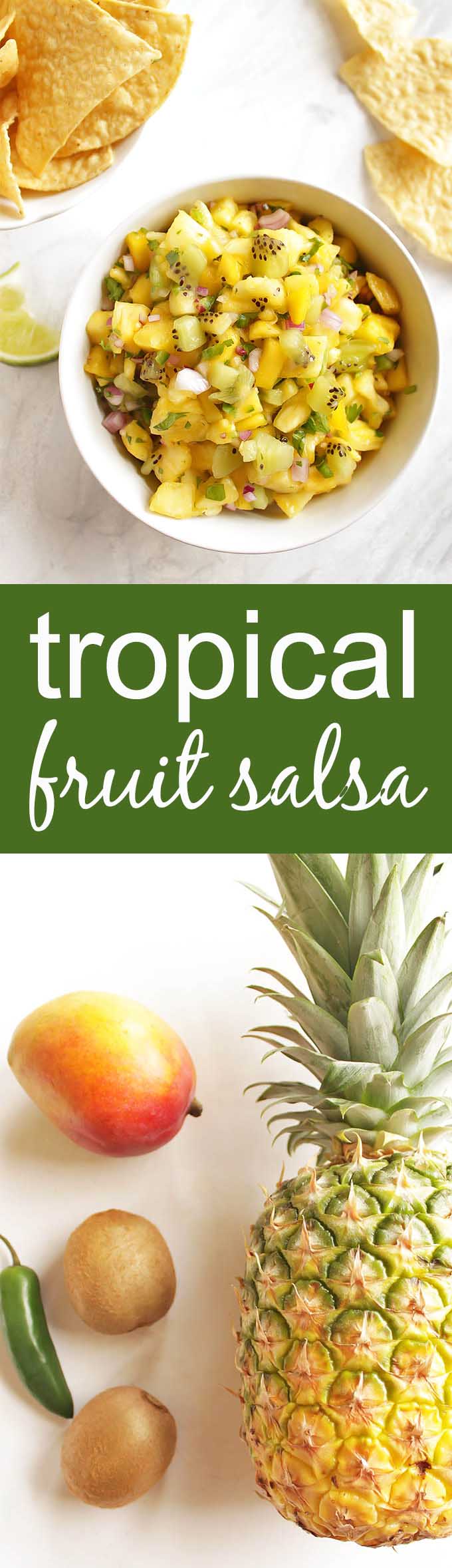 Tropical Fruit Salsa - A quick and flavorful fruit salsa that's a lot of sweet and a little savory. This recipe only requires 7 ingredients and 10 minutes to make! It goes great with tortilla chips for dipping or is delicious added on top of plain chicken, fish, or pork. It is even good on fish tacos! Gluten Free/Vegan/Vegetarian | robustrecipes.com