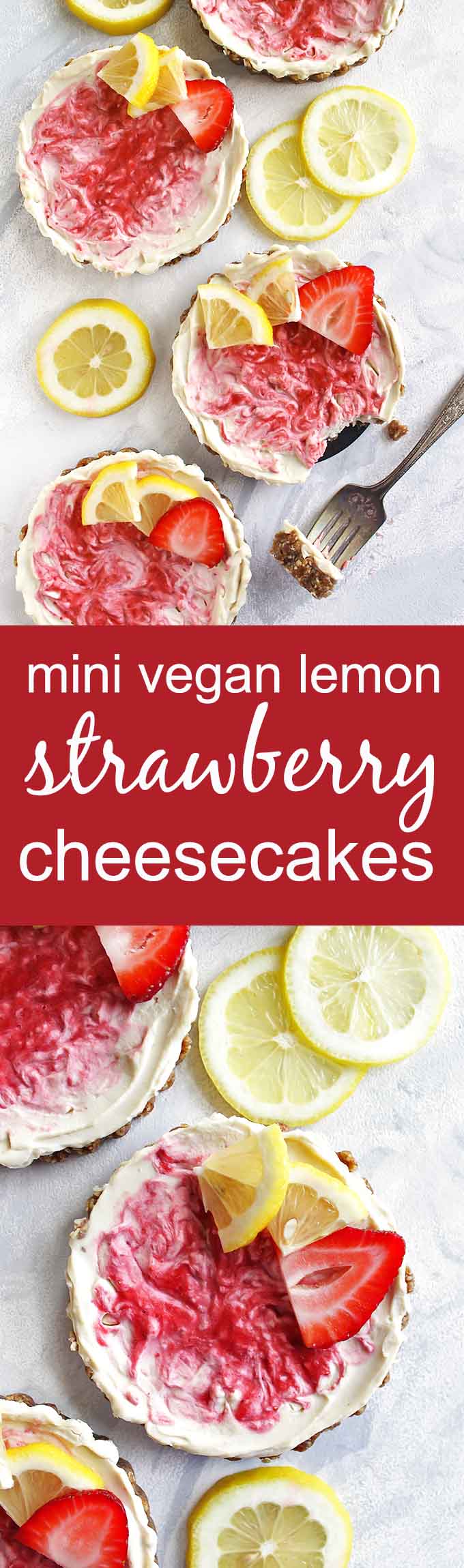 Mini Vegan Lemon Strawberry Cheesecakes - These mini cheesecakes are perfect for parties or celebrations. Or keep them on hand, in the freezer for any time you have a craving. This is a no bake recipe. The crust is a date/pecan crust and the filling is lemon-y with a strawberry swirl. Gluten Free/ Vegan/ Refined Sugar Free/ Dairy Free | robustrecipes.com