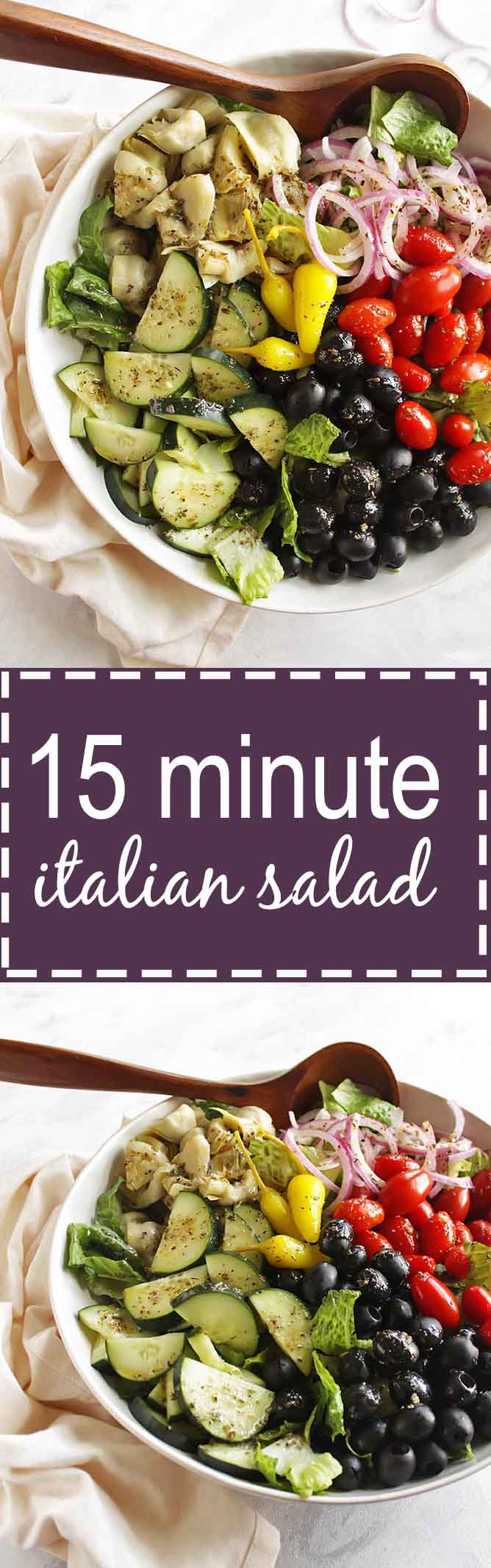 15 Minute Italian Salad - This recipe makes a great side salad to any meal. It's packed with all the Italian favorites and a tasty Italian Vinaigrette. This salad is quick and easy to make. Gluten free/vegetarian | robustrecipes.com