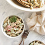 Mayo Free Pasta Salad - The sauce for this pasta salad is made using soaked cashews instead of mayonnaise. It's packed with crunchy veggies and a creamy, herb-y dressing. This recipe can be made up to 1 day ahead of time and only takes 30 minutes to make. It's the perfect recipe to bring to parties, pot lucks, picnics, and BBQs. Vegan/Gluten Free/ Dairy Free | robustrecipes.com
