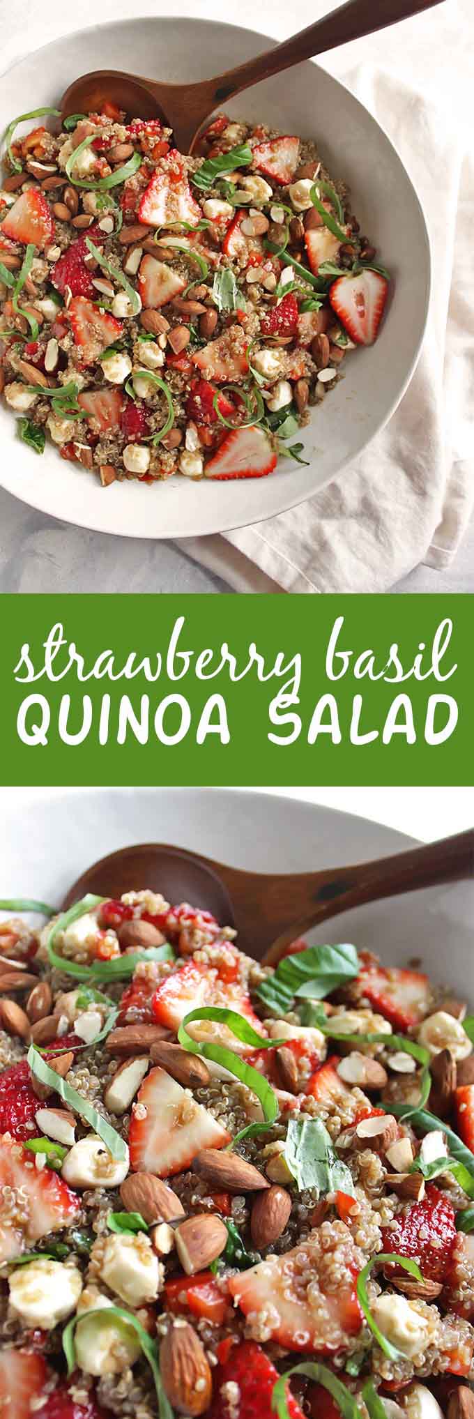Strawberry Basil Quinoa Salad - great for summertime parties. It's a little sweet, a little savory and all of the summer-y goodness in one bowl - strawberries, fresh basil, mozzarella balls, toasted almonds! This recipe is easy to make, only 30 minutes! Gluten Free/Vegetarian | robustrecipes.com