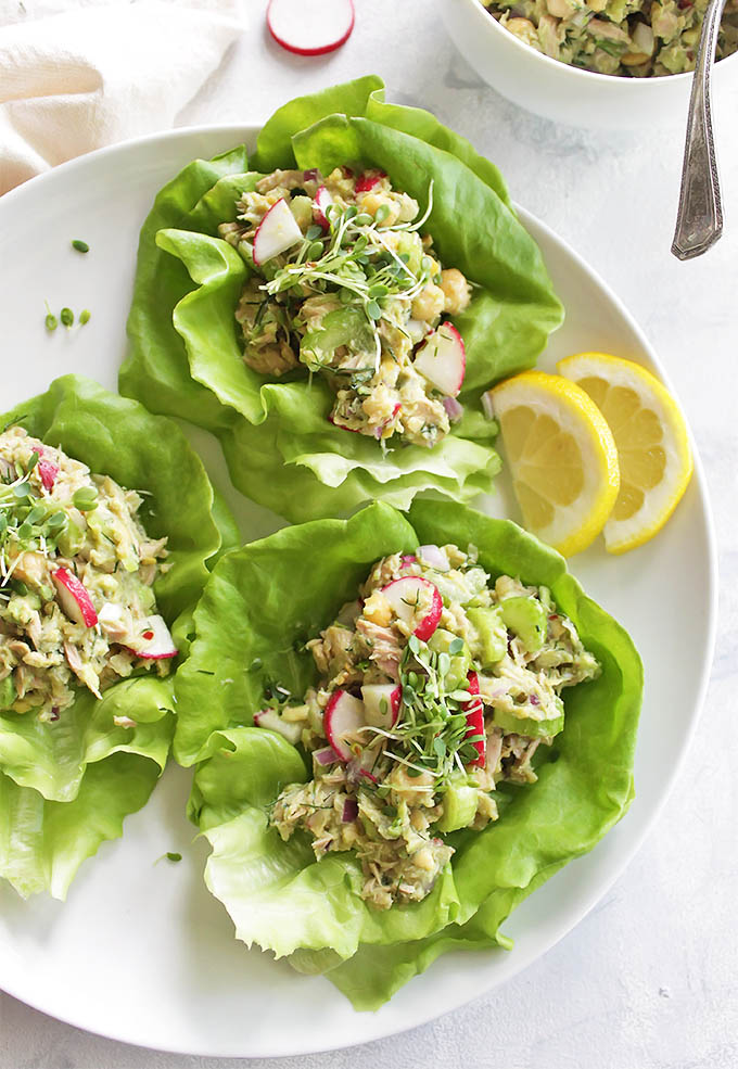 Avocado Tuna Salad Lettuce Wraps - Tuna salad made with mashed avocado instead of mayo. It's also packed with mashed chickpeas for extra texture, crunchy celery, peppery radishes, and dill. I love to serve this tuna salad wrapped in butter lettuce for a lighter option, but it also makes a delicious sandwich or eaten plane with a fork. Makes for a great packed lunch! Gluten Free/Dairy Free | robustrecipes.com