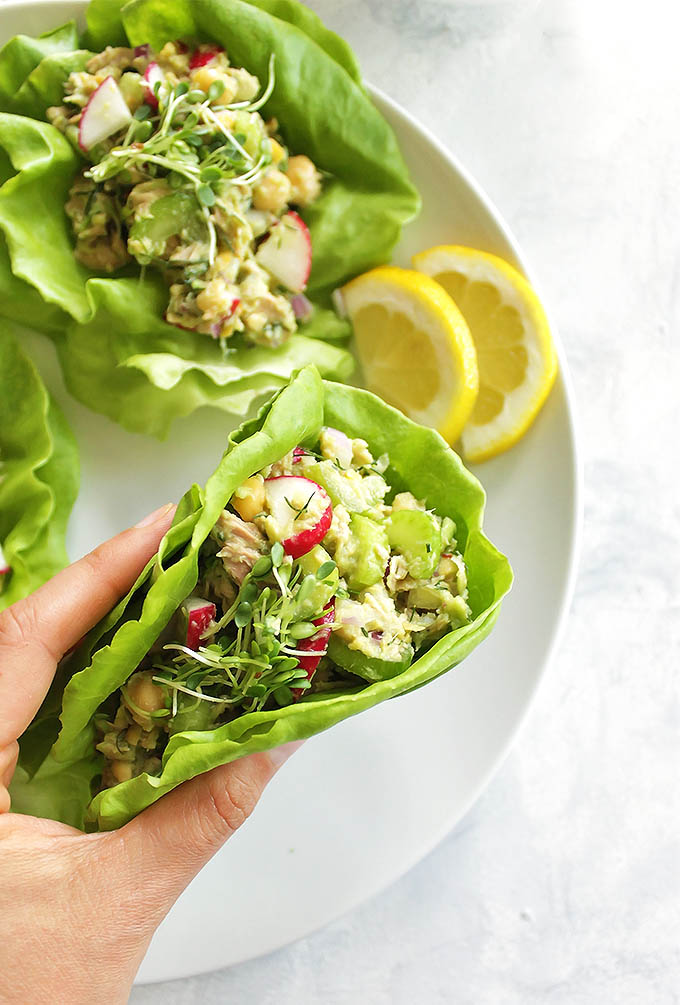 Avocado Tuna Salad Lettuce Wraps - Tuna salad made with mashed avocado instead of mayo. It's also packed with mashed chickpeas for extra texture, crunchy celery, peppery radishes, and dill. I love to serve this tuna salad wrapped in butter lettuce for a lighter option, but it also makes a delicious sandwich or eaten plane with a fork. Makes for a great packed lunch! Gluten Free/Dairy Free | robustrecipes.com