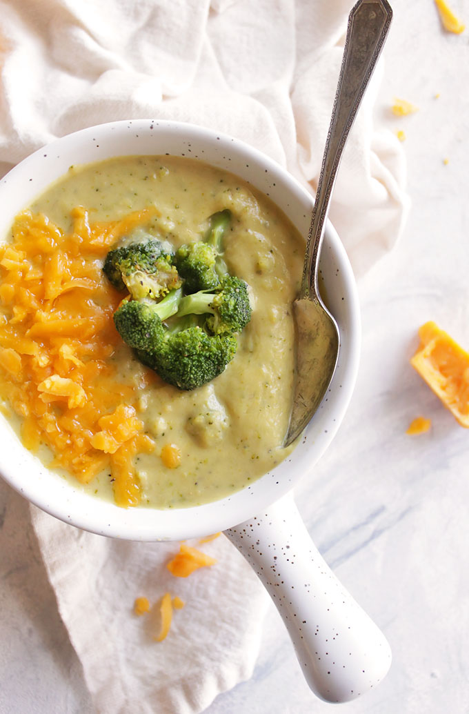 Healthier Broccoli Cheese Soup (+ Vegan Option) A healthier version of traditional broccoli cheese soup. It's packed w/ veggies instead of milk & flour. So rich and creamy without all of the guilt. You can use nutritional yeast for a vegan option. Or you can use a nutritional yeast and cheddar cheese combo, my fave. (vegan/gluten free) | robustrecipes.com