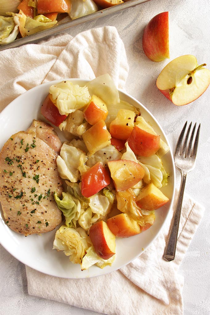 Maple Dijon Marinated Pork Chops with Apples and Cabbage