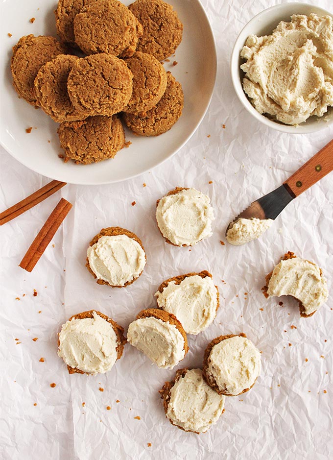 Soft pumpkin cookies with cashew frosting - Pillow-y soft pumpkin cookies topped with cashew frosting that tastes like buttercream. The perfect dessert recipe for fall or the holidays, especially Thanksgiving! (Gluten free and Dairy Free) | robustrecipes.com