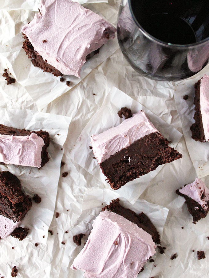 Red wine brownies with wine "buttercream" frosting - Fudge-y gluten free brownies with a hint of red wine and topped with wine "buttercream" frosting. Perfect dessert for any special occasion. Best served with some red wine! So Yum!!!! (Gluten Free + Dairy Free) | robustrecipes.com