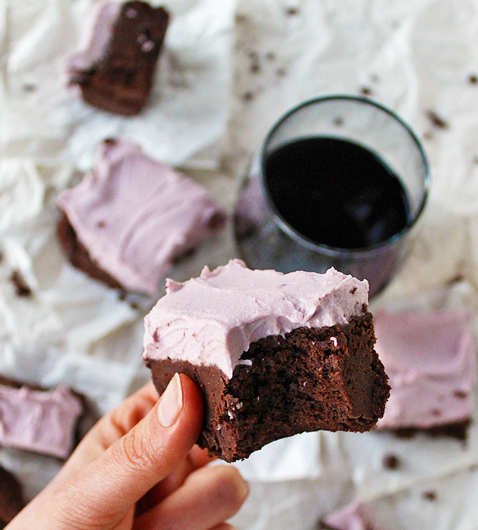 Red wine brownies with wine "buttercream" frosting - Fudge-y gluten free brownies with a hint of red wine and topped with wine "buttercream" frosting. Perfect dessert for any special occasion. Best served with some red wine! So Yum!!!! (Gluten Free + Dairy Free) | robustrecipes.com