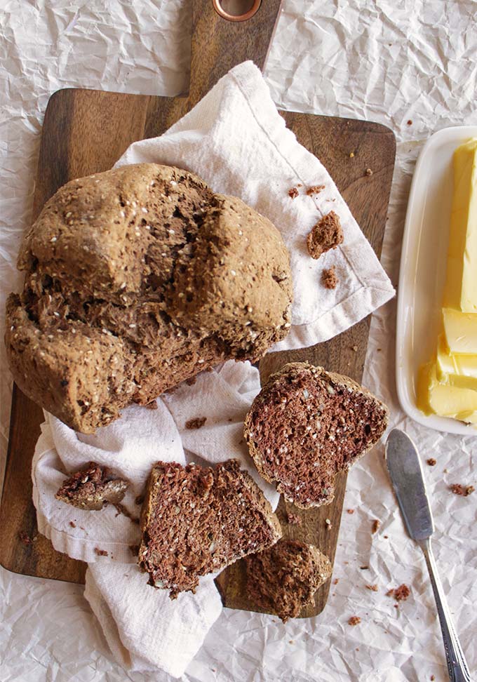 A gluten free version of a traditional Irish bread, brown soda bread. Hearty, rustic, perfect for dipping in soups and best spread with butter. Easy to make, no yeast, rising, or kneading required! 10 minutes to put together and 40 minutes to bake! Also, with a dairy free option. So yum!!!! | robustrecipes.com 