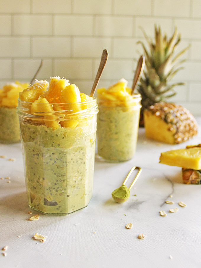 Pina Colada Matcha Overnight Oats - packed with pineapple, coconut, and matcha. They're made at night and ready to eat for breakfast in the morning. #oats #breakfast #easyrecipe #matcha #pinacolada #glutenfree #vegan