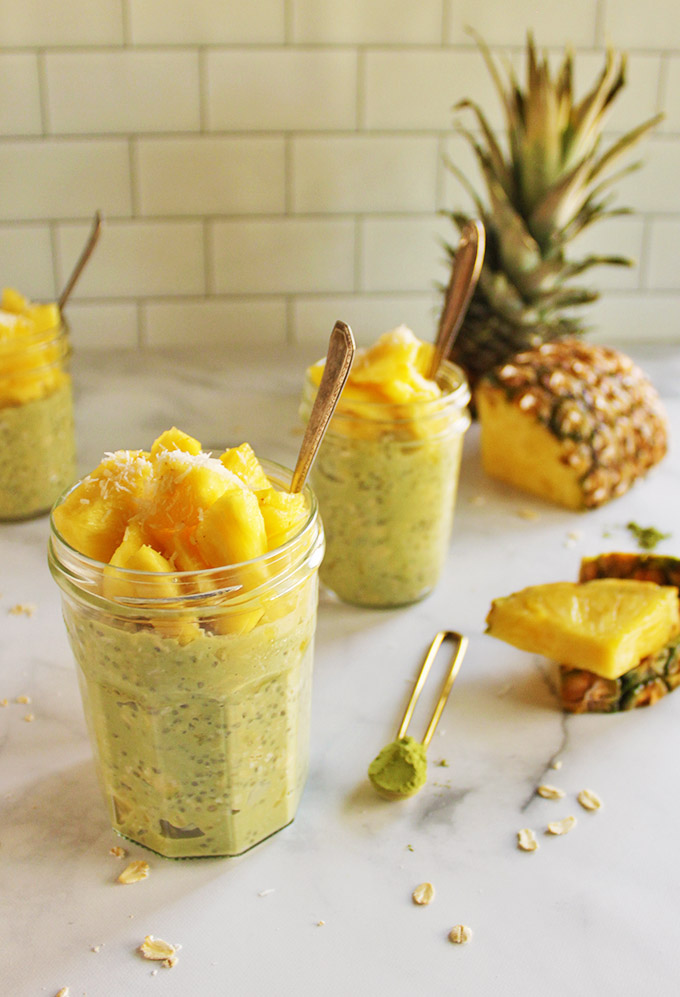Pina Colada Matcha Overnight Oats - packed with pineapple, coconut, and matcha. They're made at night and ready to eat for breakfast in the morning. #oats #breakfast #easyrecipe #matcha #pinacolada #glutenfree #vegan