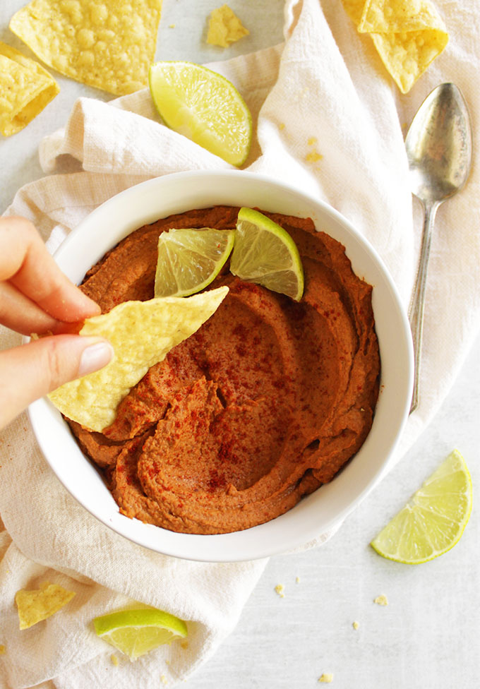 Spicy Chipotle Black Bean Hummus - a spicy, smoky hummus that's perfect for lunch or any party. Serve it with tortilla chips or cucumbers. Only takes 10 minutes to make! #hummus #easyrecipe #recipe #lunch #glutenfree #vegan #vegetarian #dairyfree