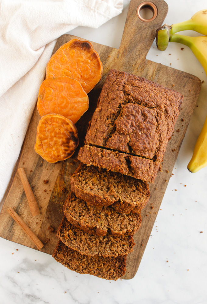 Banana Sweet Potato Bread - made gluten-free using oat flour. The perfect way to use up leftover sweet potato. Simple to make, healthy, and delicious! #bananabread #glutenfree #recipe #easyrecipe #oats | robustrecipes.com