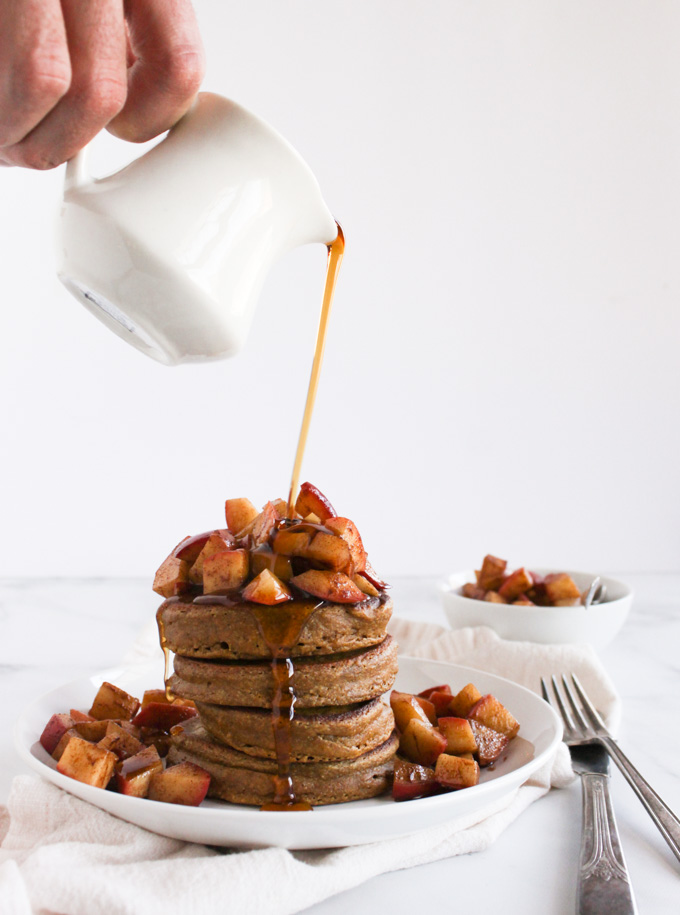 Pumpkin Spice Protein Pancakes with Sauteed Apples - made in a blender. They're as tasty as they are healthy. The protein comes from nutrition packed Greek yogurt. Leftover pancakes re-heat nicely #glutenfree #breakfast #pancakes #breakfast #easyrecipe | robustrecipes.com