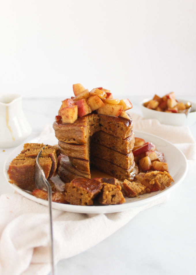 Pumpkin Spice Protein Pancakes with Sauteed Apples - made in a blender. They're as tasty as they are healthy. The protein comes from nutrition packed Greek yogurt. Leftover pancakes re-heat nicely #glutenfree #breakfast #pancakes #breakfast #easyrecipe | robustrecipes.com