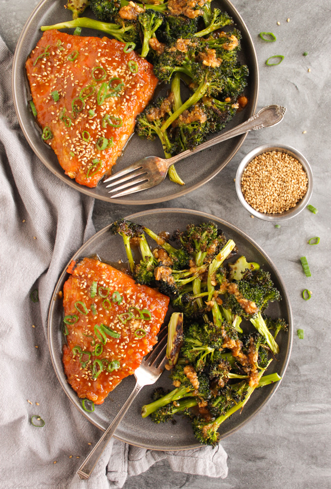 Sheet Pan Miso Glazed Salmon with Broccoli (30 Minutes) - Sheet pan miso glazed salmon is easy enough for a busy weeknight but fancy enough for a date night in. The miso glaze is sweet, salty, nutty and perfect on top of that tender salmon! #easyrecipe #weeknightdinner #onepan #glutenfree #dairyfree #salmon #fish #recipe #healthy | robustrecipes.com