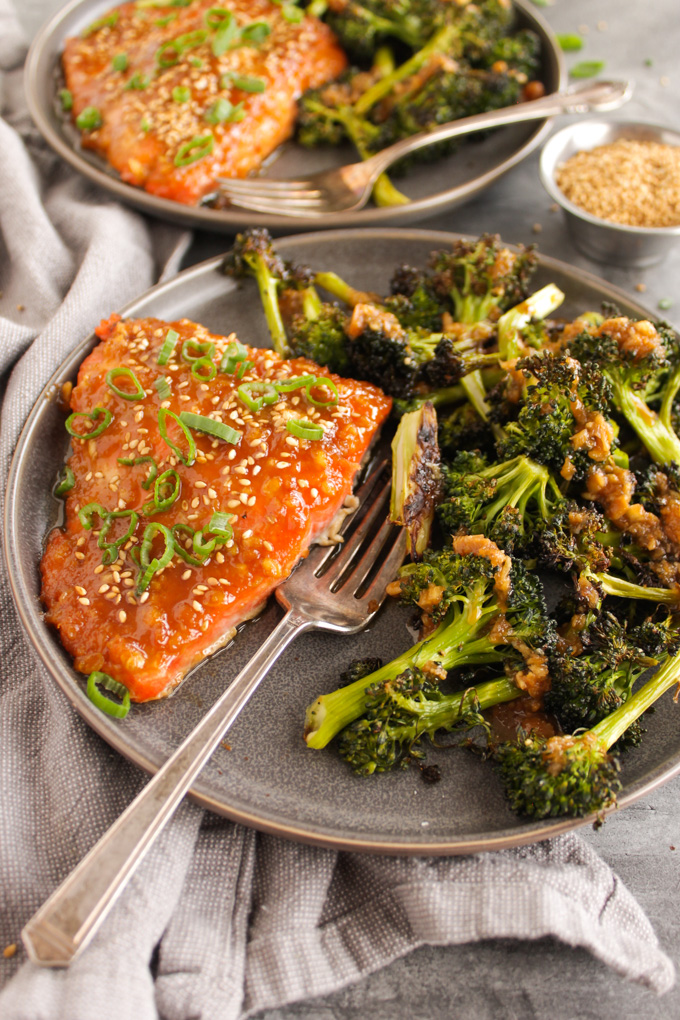 Sheet Pan Miso Glazed Salmon with Broccoli (30 Minutes) - Sheet pan miso glazed salmon is easy enough for a busy weeknight but fancy enough for a date night in. The miso glaze is sweet, salty, nutty and perfect on top of that tender salmon! #easyrecipe #weeknightdinner #onepan #glutenfree #dairyfree #salmon #fish #recipe #healthy | robustrecipes.com