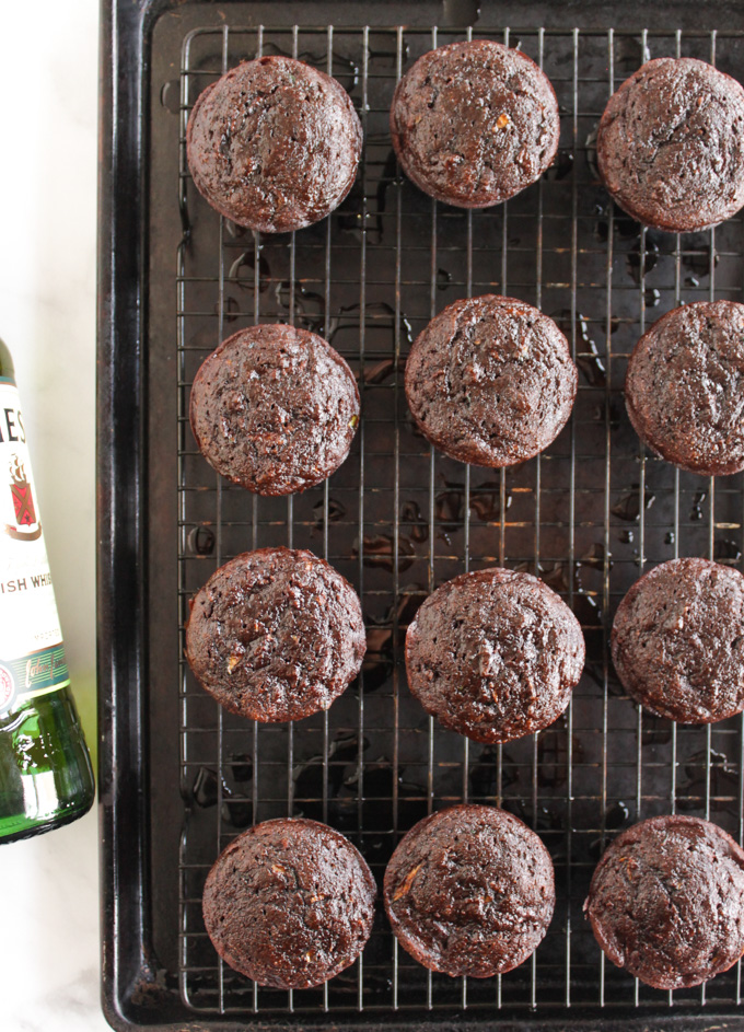 Chocolate Whiskey Zucchini Cupcakes -infused with whiskey two ways. They make the perfect treat for St. Patrick's day. #glutenfree #chocolate #dairyfree #stpatricksday #baking #recipe #whiskey | robustrecipes.com