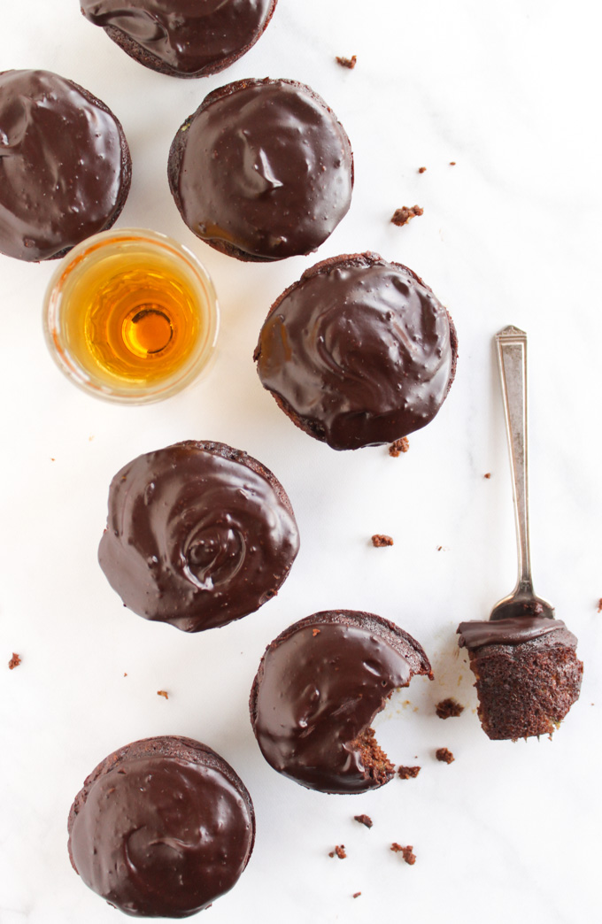Chocolate Whiskey Zucchini Cupcakes -infused with whiskey two ways. They make the perfect treat for St. Patrick's day. #glutenfree #chocolate #dairyfree #stpatricksday #baking #recipe #whiskey | robustrecipes.com