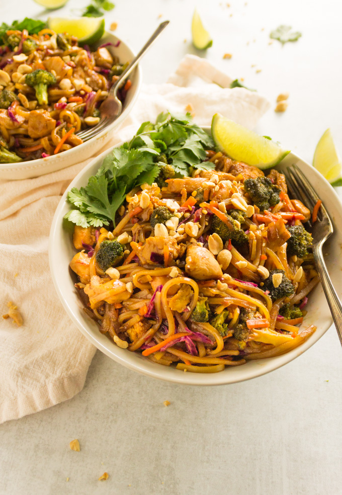 35 Minute Chicken Pad Thai - a delicious Thai noodle dish with an exotic tangy, sweet, salty flavor. It is packed with protein, veggies, and healthy carbs. Only takes 25 minutes to make! #glutenfree #easyrecipe #onepanmeal #padthai #chiken #stirfry #tamarind #weeknightmeal #30minutemeal #entree | robustrecipes,com