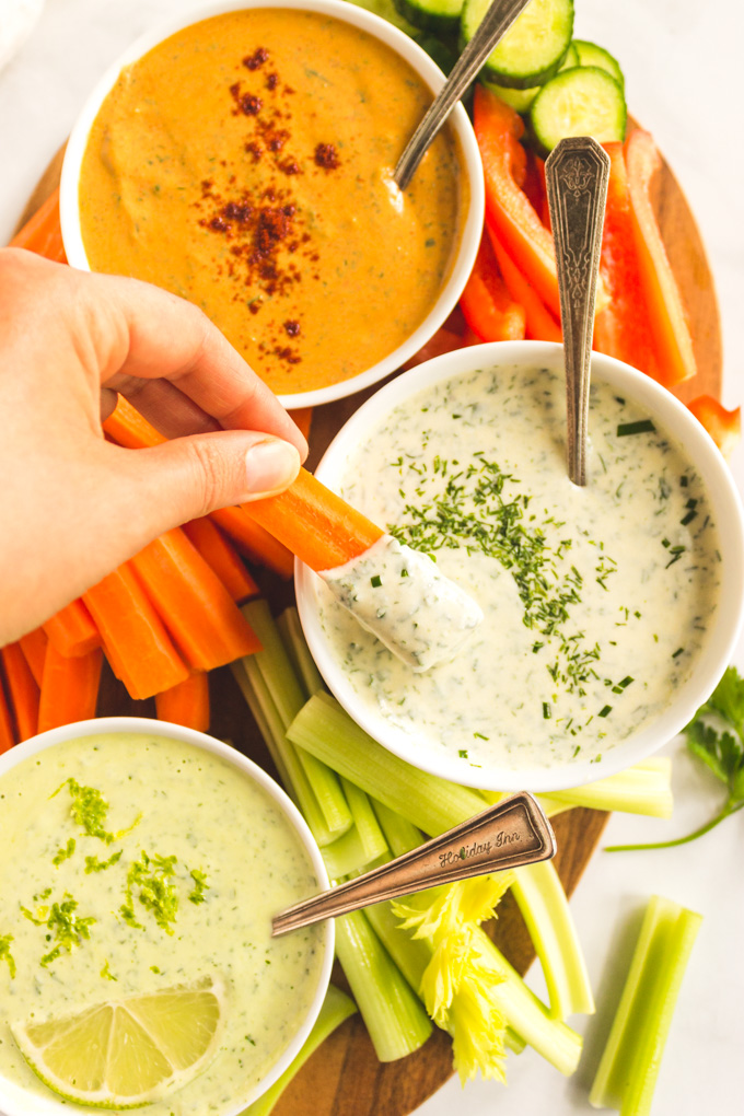 3 Healthy Ranch Dressing Recipes with Greek Yogurt - that creamy, tang-y, herb-y dressing we love made with clean ingredients. The flavors are: classic ranch, chipotle ranch, & jalapeno lime ranch. they can be used as a dip for veggies or dressing for salads. The possibilities are endless! #health #ranchdressing #ranchdip #salads #veggies #veggieplatter #Greekyogurt #easyrecipe #cleaningredients #cleaneating #glutenfree #vegetarian #probiotics #guthealth #herbs #chipotle #chipotleranch #mealprep #lunch #appetizer #jalapeno | robustrecipes.com