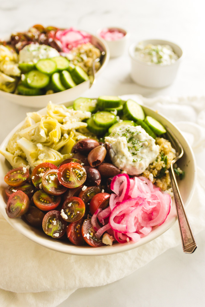 Greek quinoa bowls with quick pickled red onions | robustrecipes.com