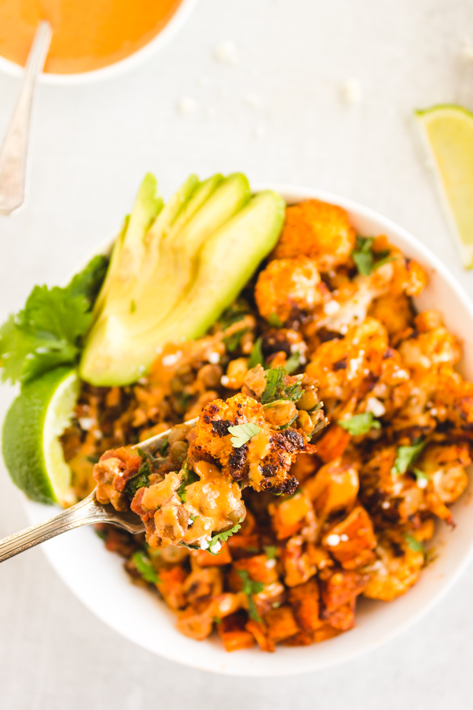 Chipotle Lentil Sweet Potato Buddha Bowl - Packed with healthy ingredients that are bursting with flavor, lentil sweet potato buddha bowl is the perfect vegan entree any day of the week.  Only takes 40 minutes to make! #veganmeal #buddhabowl #glutenfreerecipe #lentils #weeknightdinner #dairyfree | RobustRecipes.com