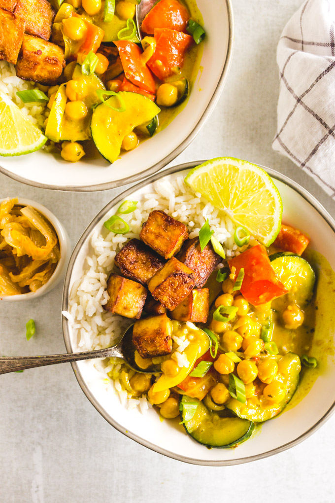 Anything You Have Chickpea Curry -  can be made with a wide variety of veggies and protein. This is the perfect, easy, meal to make the most of whatever you already have on hand. So warming, comforting, and satisfying. #curry #tofurecipe #chickpeas #glutenfreerecipe #veganrecipe #rice #easyrecipe #turmeric #entree #dinnerrecipe #weeknightmeal #coconutmilk | robustrecipes.com