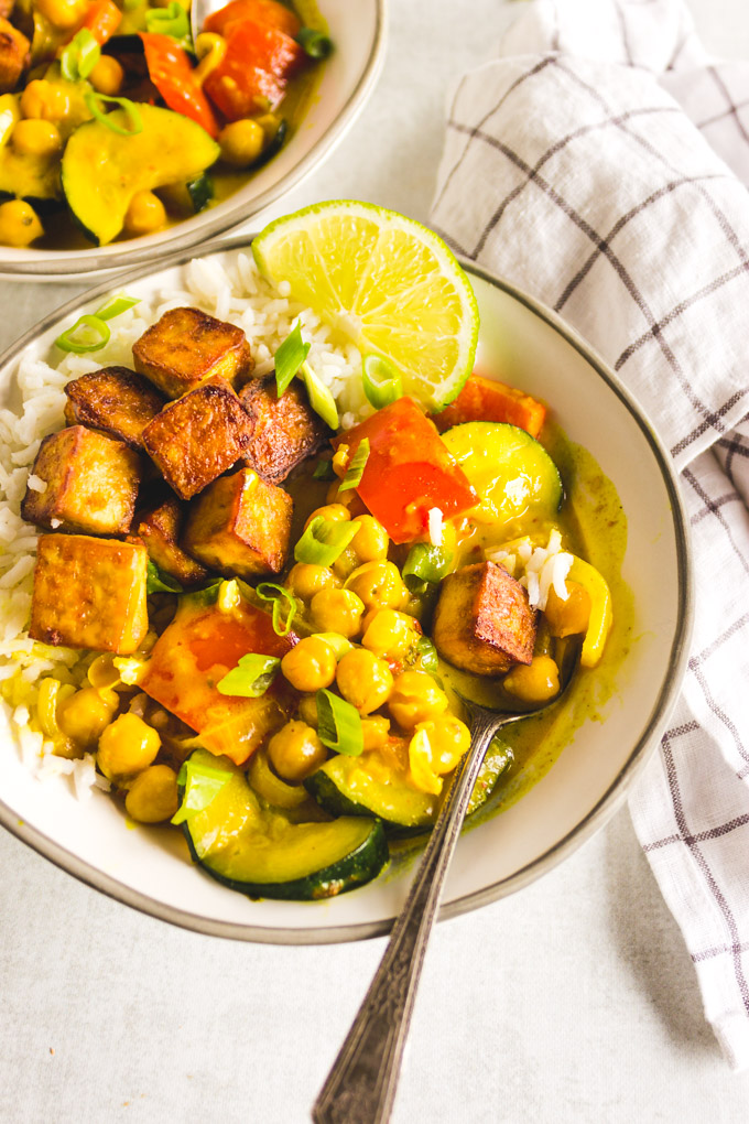Anything You Have Chickpea Curry -  can be made with a wide variety of veggies and protein. This is the perfect, easy, meal to make the most of whatever you already have on hand. So warming, comforting, and satisfying. #curry #tofurecipe #chickpeas #glutenfreerecipe #veganrecipe #rice #easyrecipe #turmeric #entree #dinnerrecipe #weeknightmeal #coconutmilk | robustrecipes.com