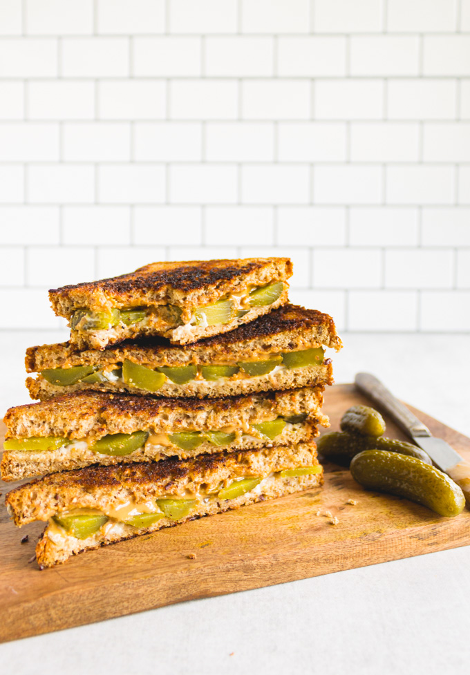 Grilled Peanut Butter Sweet Pickle Sandwich - an odd combo that totally works 15 minutes to make, requires a few fridge & pantry staples you likely have on hand. Let this sandwich surprise you! #pantrystaples #sandwichrecipe #peanutbutter #glutenfreerecipe #pickles #easyrecipe #lunchrecipe | robustrecipes.com