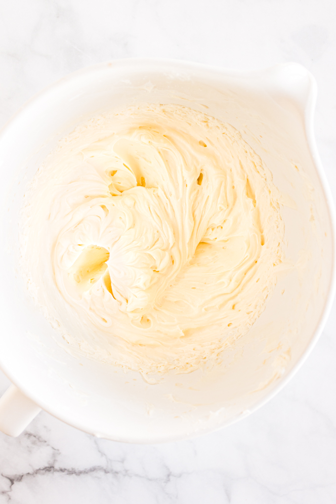 yogurt cream cheese frosting in a mixing bowl