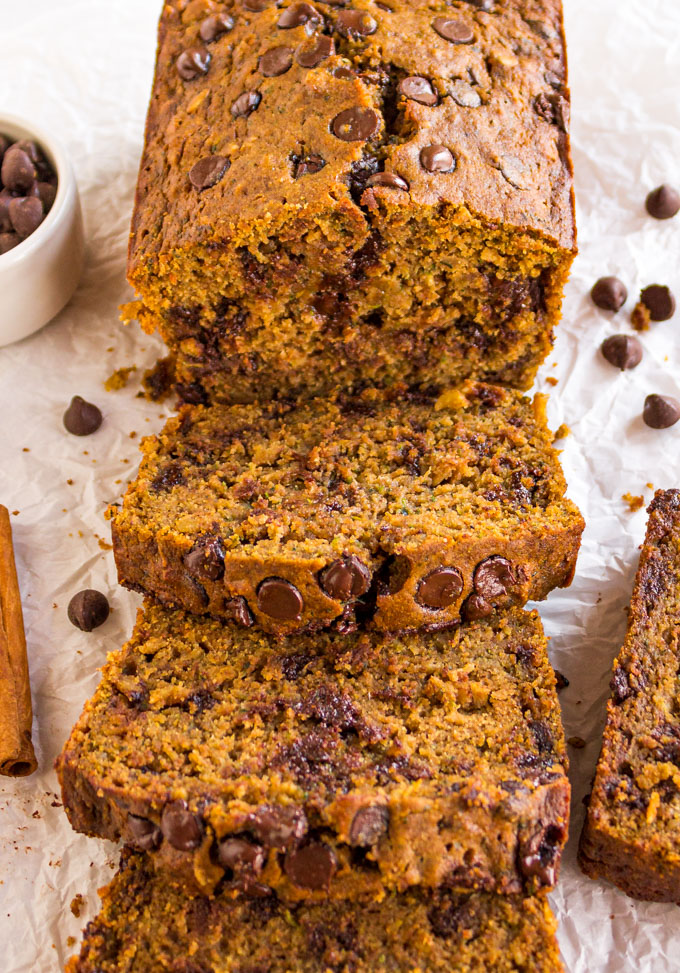 Healthier Zucchini Bread  - this bread is soft, packed with warming spices, and studded with chocolate chips. It's the perfect end-of-summer, or fall baking treat. #bakingrecipe #zucchinibread #wholewheatbread #zucchini #dairyfreerecipe #chocolatechips #easyrecipe | robustrecipes.com