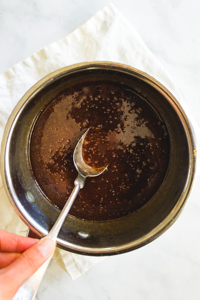 Overhead photo of the filling of the maple pecan filling in a sauce pot.