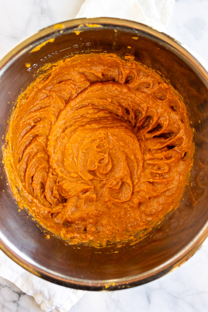 Whipped sweet potato filling in a bowl.