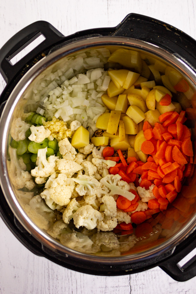 Chopped veggies in the instant pot.
