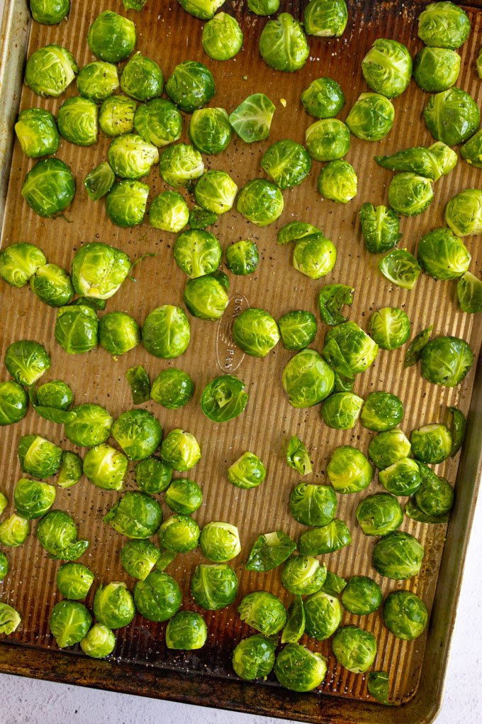 brussels sprouts on a baking sheet.