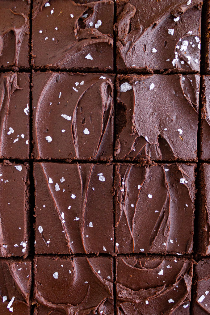 A closeup, overhead view of no bake brownies cut into squares and topped with a sprinkle of sea salt.