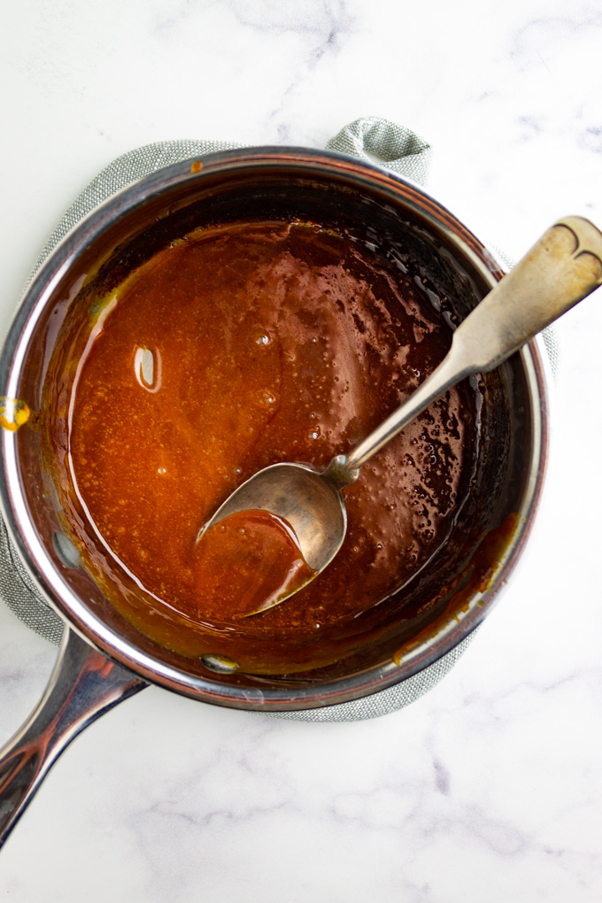 Glaze in a sauce pot for honey ham.