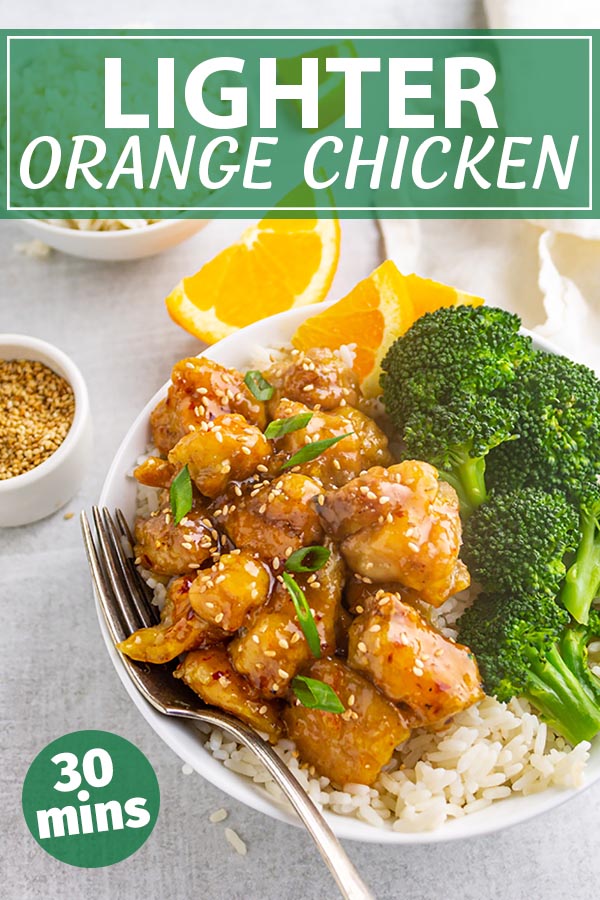 A bowl of orange chicken with broccoli and text overlay for Pinterest.
