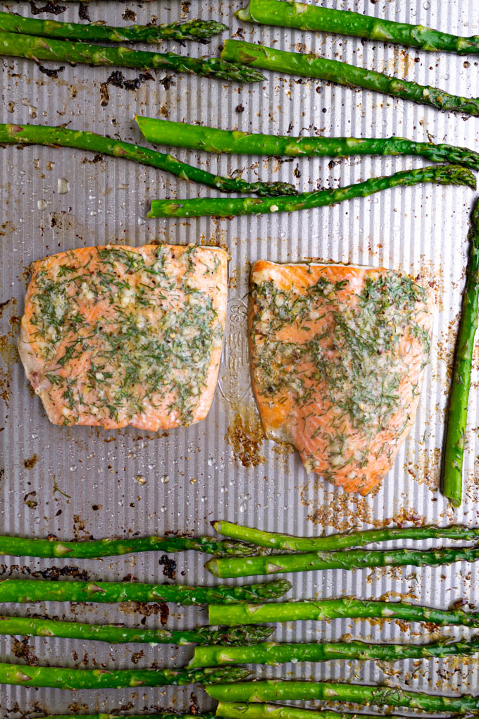 baked salmon and asparagus on a sheet pan