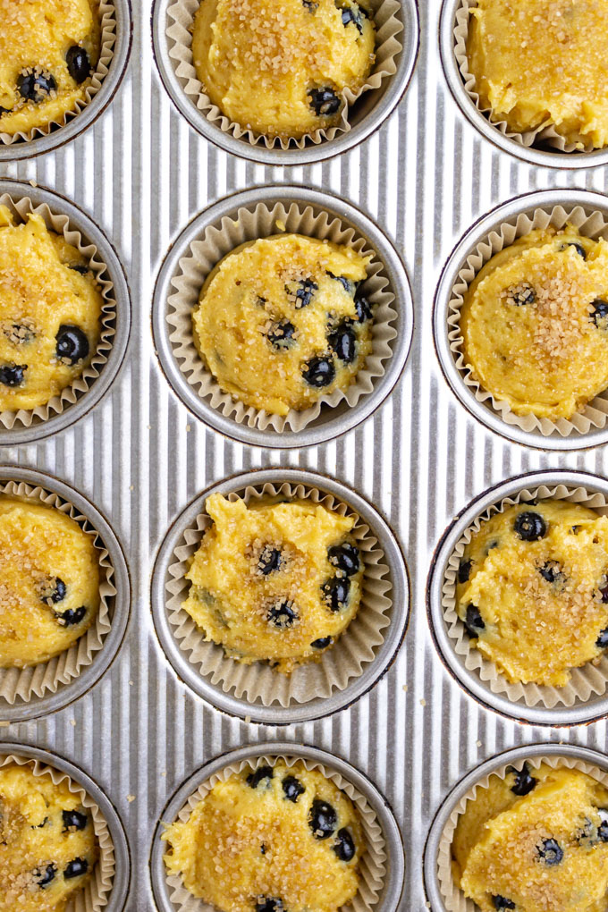 blueberry muffin batter in a muffin tin, before baking.