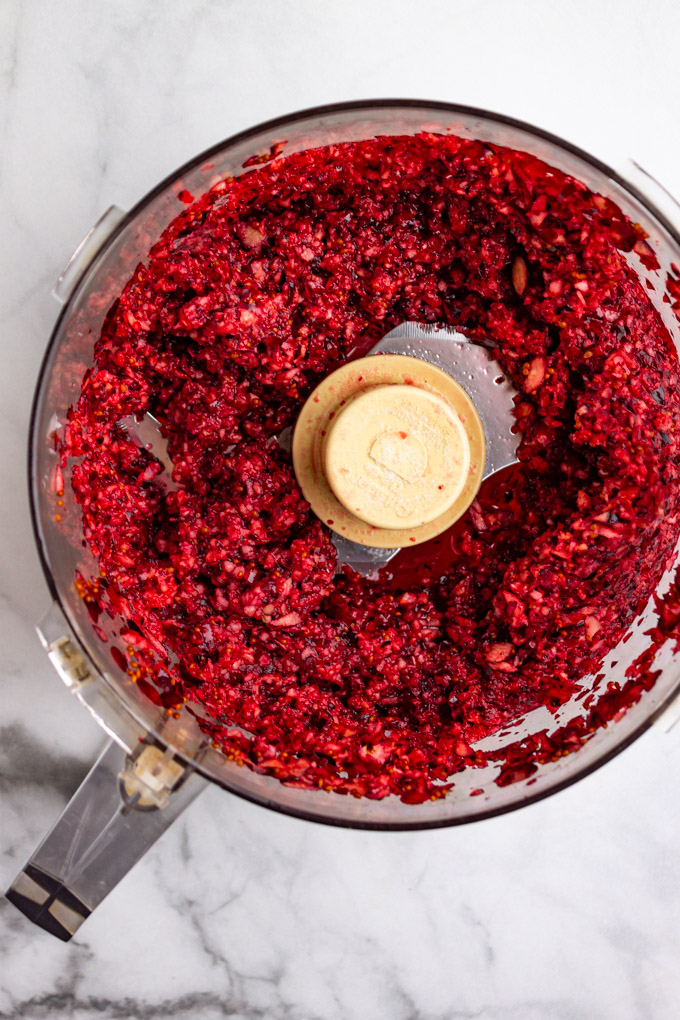 cranberries pulsed into small bits in a food processor.