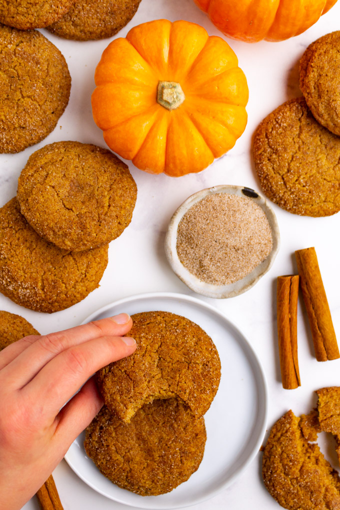 pumpkin snickerdoodle cookies on a white background, with a hand holding one that has a bite taken out of it.