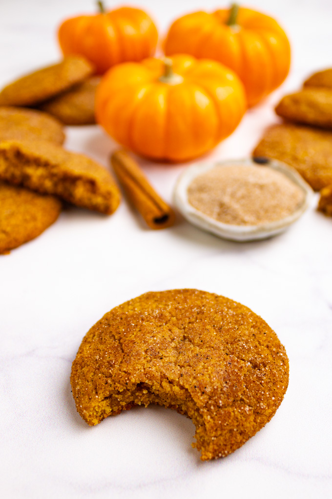 a closeup of one pumpkin snickerdoodle cookie with a bite taken out of it