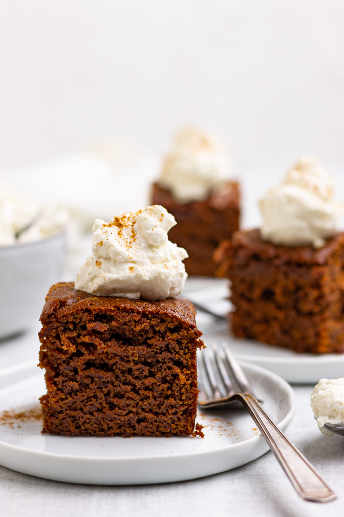 a closeup shot of gingerbread cake. The cake is topped with a dollop of whipped cream.
