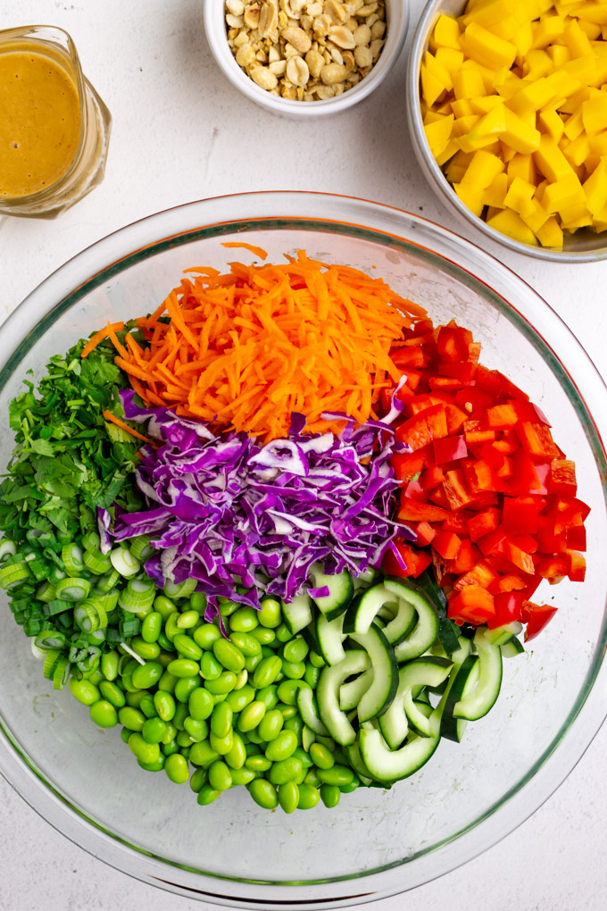 All of the veggies arranged in a rainbow in the mixing bowl for kale thai salad.