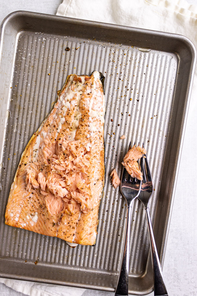 cooked salmon on a baking sheet with two forks having flaked the samon.