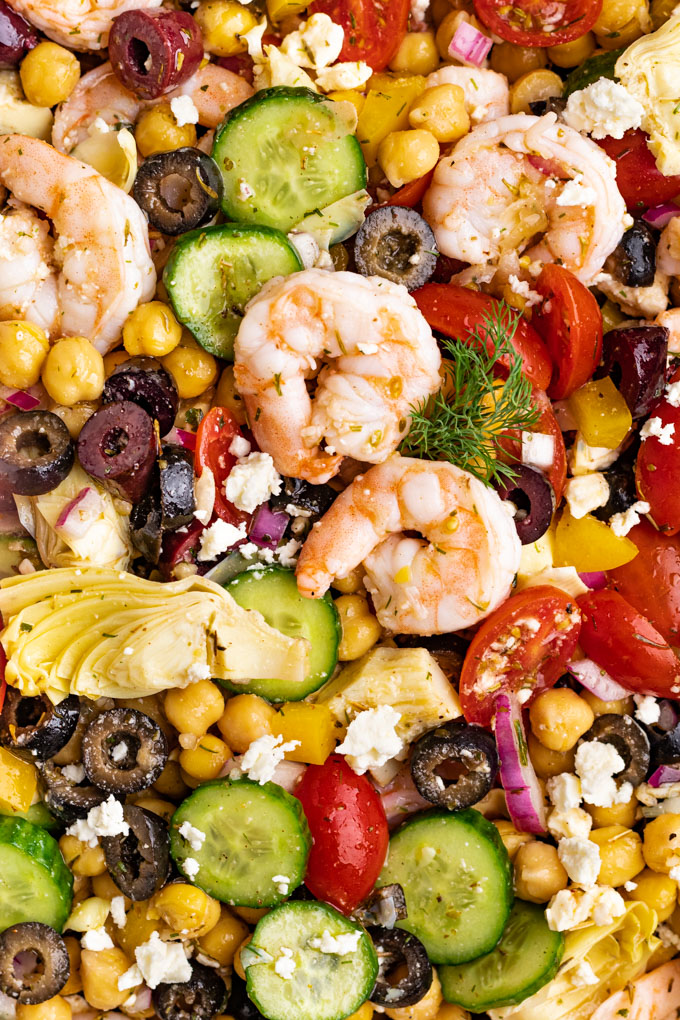 Closeup macro shot of Greek chickpea salad with shrimp